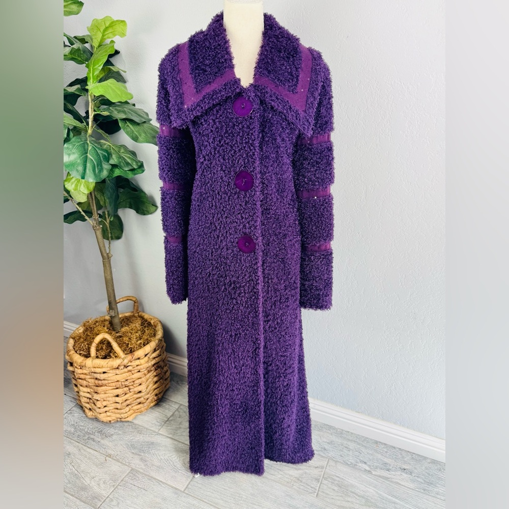 Design Todays Vintage Long Purple Fringe Fuzzy Sherpa Teddy Trench Coat